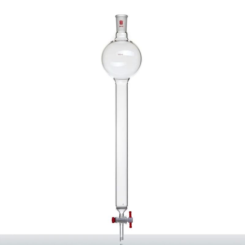 คอลัมน์โครมากราฟีแบบแฟลชพร้อมทรงกลมจัดเก็บพร้อมแผ่นทราย ก2,ไม่มีตะขอ,ข้อต่อ 24/40,รูรับแสงวาล์ว PTFE