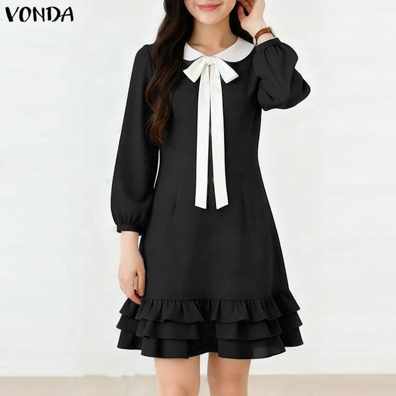VONDA ชุดเดรสผู้หญิงสไตล์เกาหลี ดีไซน์ที่เรียบหรู มีโบว์และระบายหลายชั้น — صورة 4