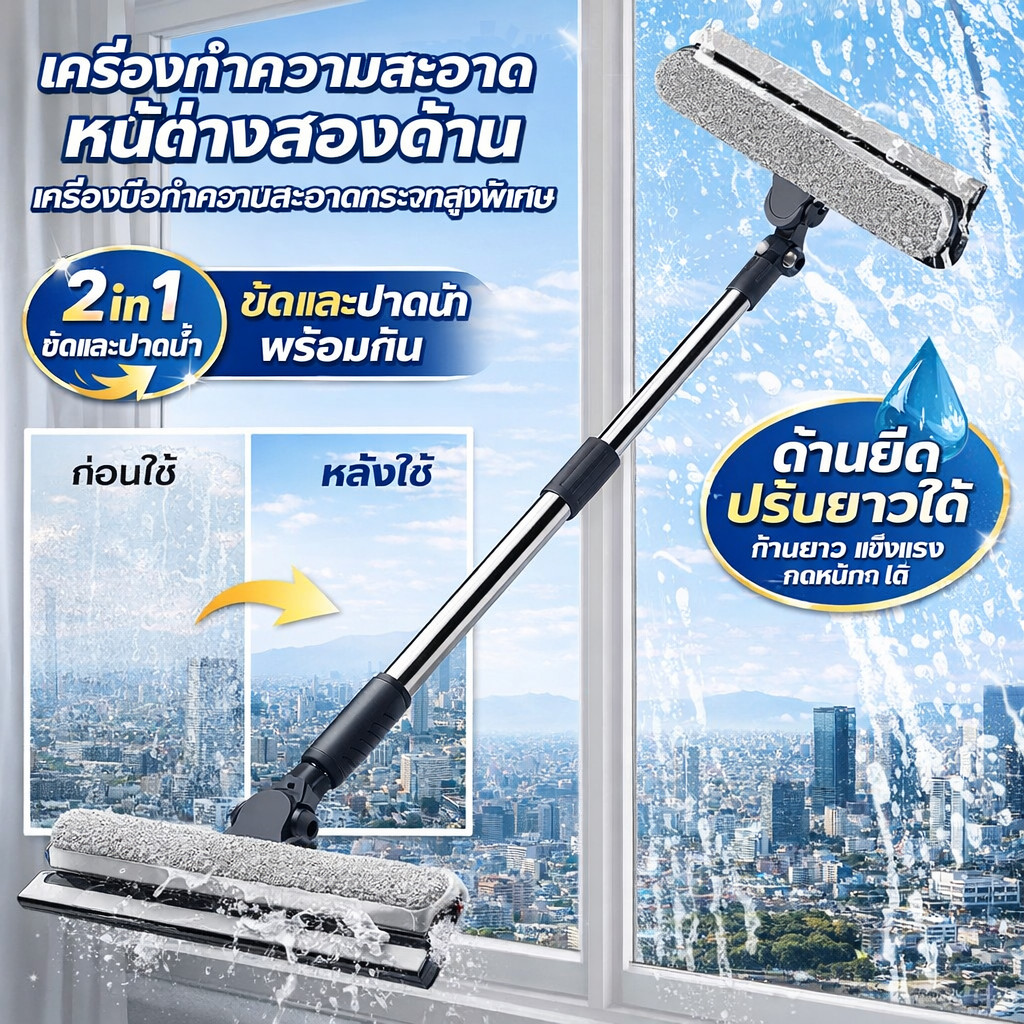 ที่ปัดน้ำฝนกระจกสองด้านพิเศษสําหรับหน้าต่างชั้นสูงและหน้าต่างขยาย เครื่องมือทําความสะอาดแบบมืออาชีพ