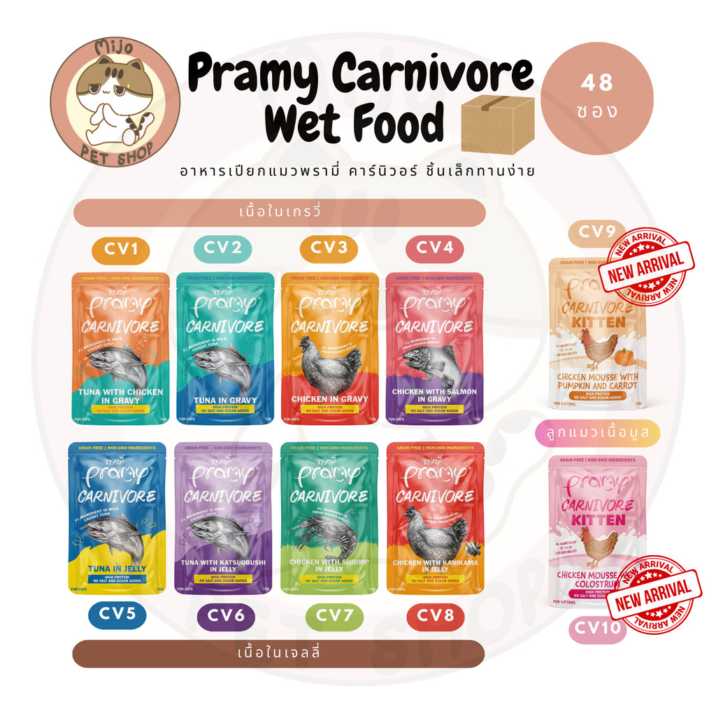 [48 ซอง] Pramy Carnivore อาหารเปียกแมวขนาด 70g ยกลัง ไม่เติมเกลือ โซเดี่ยมต่ำ หลากหลายสูตรพร้อมลูกแมวใหม่