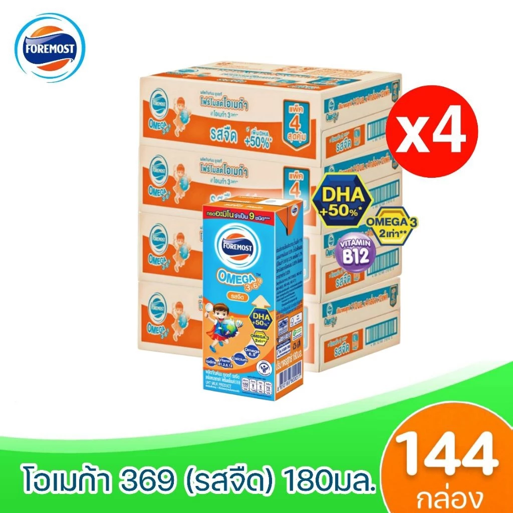 Exp: 01/12/2026 x4ลัง โฟร์โมสต์ โอเมก้า 369 Foremost Omega UHT ขนาด 180 มล. รสจืด ( 4ลัง : รวม 144 กล่อง) เลือกรสได้