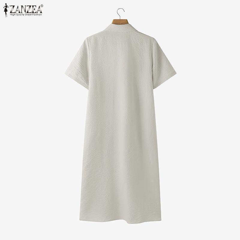 ZANZEA กระโปรงเชิ๊ตสำหรับผู้หญิง สไตล์เกาหลี คอปกพับลง แขนสั้น เหมาะสำหรับการเดินทางและการแต่งตัวในวันทำงานและวันหยุด — صورة 8