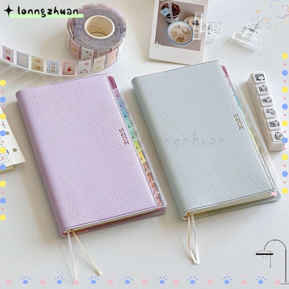 LONNGZHUAN 2026 Planner, หนังสือวาระหนัง PU 220 หน้า, DIY Index สีสันสดใสพร้อมสมุดนัดหมายปฏิทินอุปกรณ์การเรียน