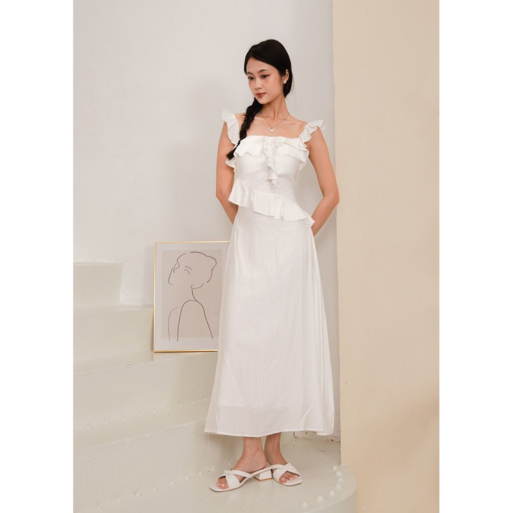 Valencia Midi Ruffles Dress สีขาว