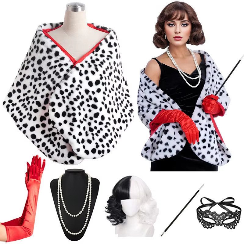 ผ้าคลุมไหล่ลายจุดเหมือนหมา Dalmatian ในธีม Cruella DeVil สำหรับฮาโลวีน สีดำและขาบ