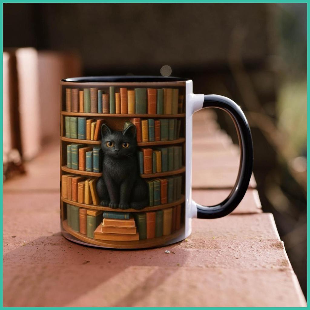 แก้วสําหรับกาแฟแมวธีมทนความร้อนถ้วยเซรามิคชั้นวางหนังสือแก้วอ่านหนังสือสําหรับเครื่องดื่มร้อนเย็น Ho