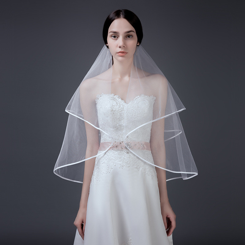 精品头纱婚纱礼服配饰新娘婚纱双层缎带包边折叠头纱Boutique veil wedding dress accessories bridal wedding dress pairbzwdkg1234配