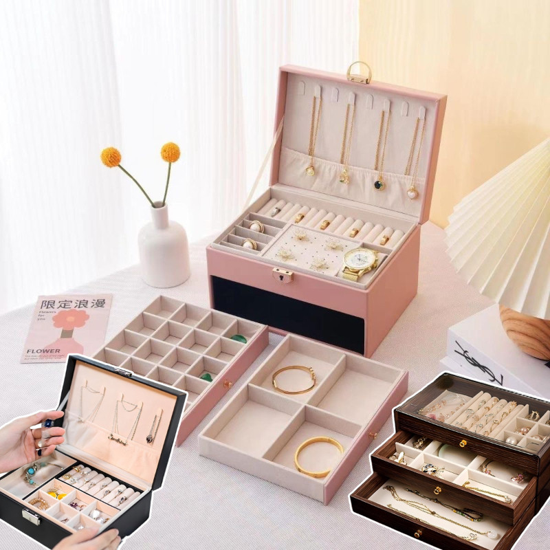 พร้อมส่ กล่องใส่เครื่องประดับ ถาด2ชั้น ความจุขนาดใหญ่ มีตัวล็อก กล่องใส่เครื่องประดับที่เก็บต่างหู