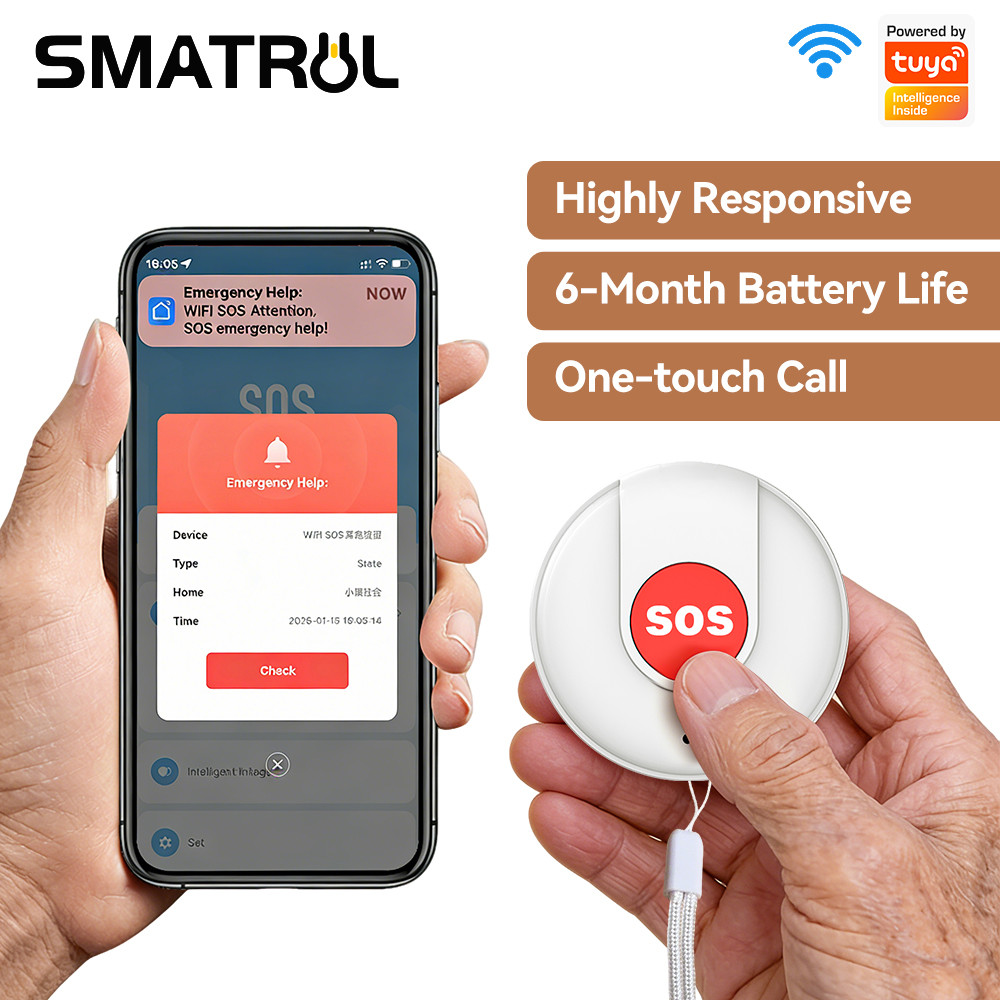 Smatrul Tuya WIFI สมาร์ท SOS ปุ่มโทรเพจเจอร์ไร้สาย, ระบบการโทรอัจฉริยะ, พยาบาลเรียกผู้สูงอายุแจ้งเตือนผู้ป่วยช่วยระบบ Smart Life