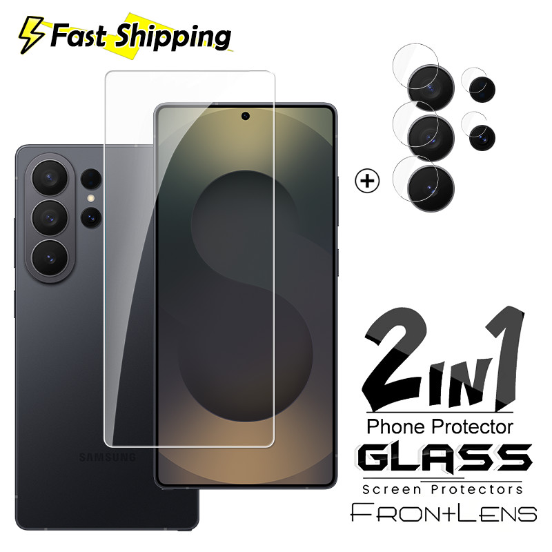 2in1 สําหรับลายนิ้วมือปลดล็อคกระจกนิรภัยสําหรับ Samsung Galaxy S26 S25 S24 S23 Ultra Plus FE GalaxyS26 S 26 25 5G 3D Protector เต็มหน้าจอ HD หน้าจอเลนส์ป้องกันฟิล์ม
