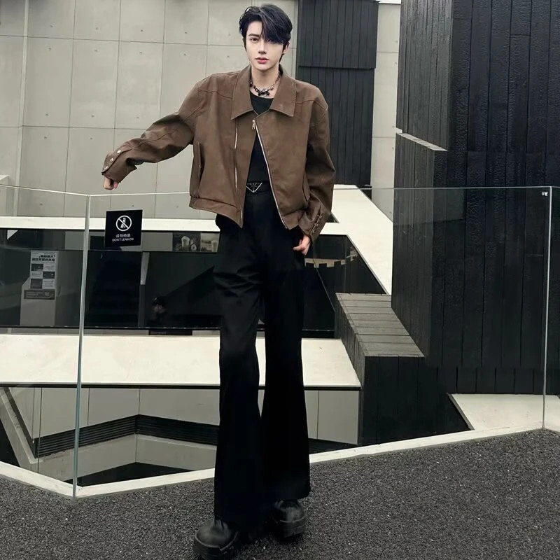 Niche Diagonal Zipper Design American Retro Leather Jacket ผู้ชายผู้หญิงสั้นรถจักรยานยนต์ PU หนังแจ็