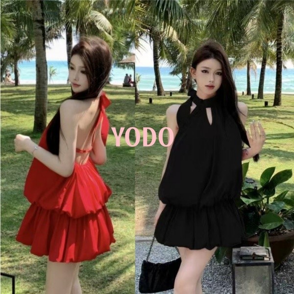 YODO ชุดเดรสสไตล์วันหยุด ชุดกระโปรงสั้นคอผูกหลังเซ็กซี่ มี 2 สี สำหรับใส่ไปเที่ยวชายหาด #2060