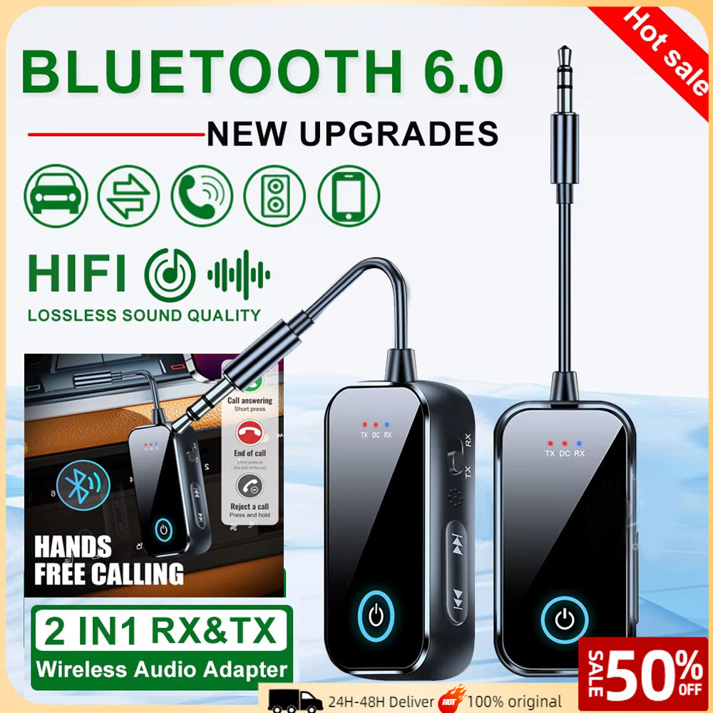 อะแดปเตอร์บลูทูธ 6.0 2 in 1 ตัวรับส่งสัญญาณเสียง AUX 3.5มม. พร้อมไมค์แฮนด์ฟรี เสียง HiFi สเตอริโอ สำหรับรถยนต์ TV PC เครื่องบิน ลำโพง