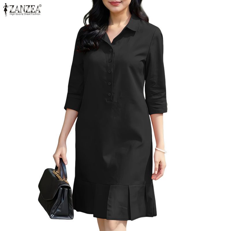 ZANZEA ผู้หญิงเกาหลี Elegant Office-Ready Lapel 3/4 แขนครึ่งก้นจีบ Splicing เสื้อเดรส