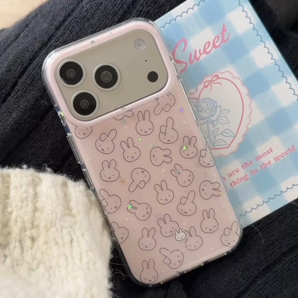 ปลอกปกแข็งเข้ากันได้กับ iPhone 13 14 14Pro 14ProMax 15 15Pro 15ProMax 16 16Pro 16ProMax 17Pro 17ProMax เคสลายกระต่ายสีชมพู