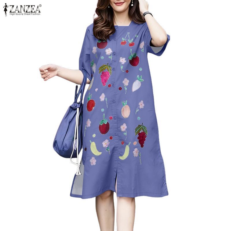 ZANZEA ชุดเดรสสไตล์เกาหลี A-line สำหรับวันหยุดและลำลอง แขนสั้น พิมพ์ลายดอกไม้ และกระดุมแถวเดียว