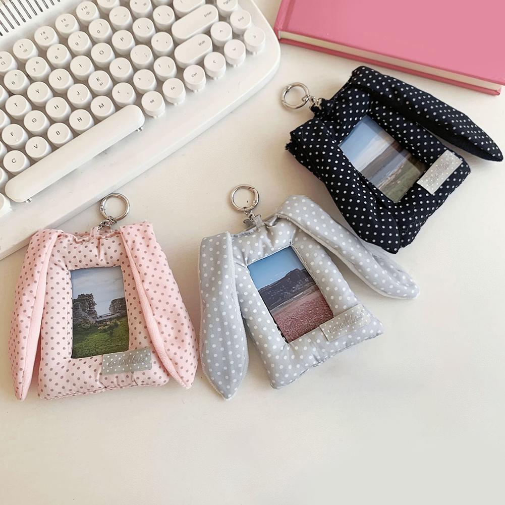 K-pop Photo Card Holder With Bunny Ears - ปลอกป้องกันการ์ดลายจุดน่ารักพร้อมพวงกุญแจ, Q2z9