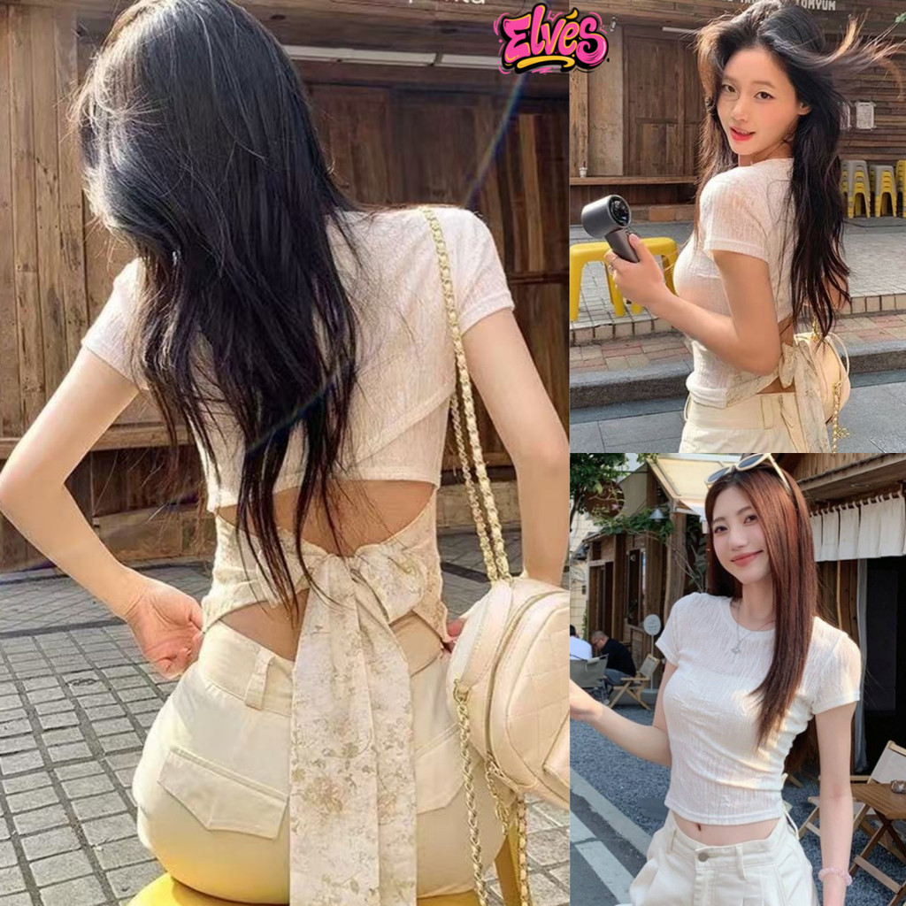 Elves พร้อม💟 เสื้อยืดครอปสั้น คอกลม ผ้าไหมพรมสีครีมใส่ง่าย สไตล์เกาหลี ส่งไวจากไทย(8K179）