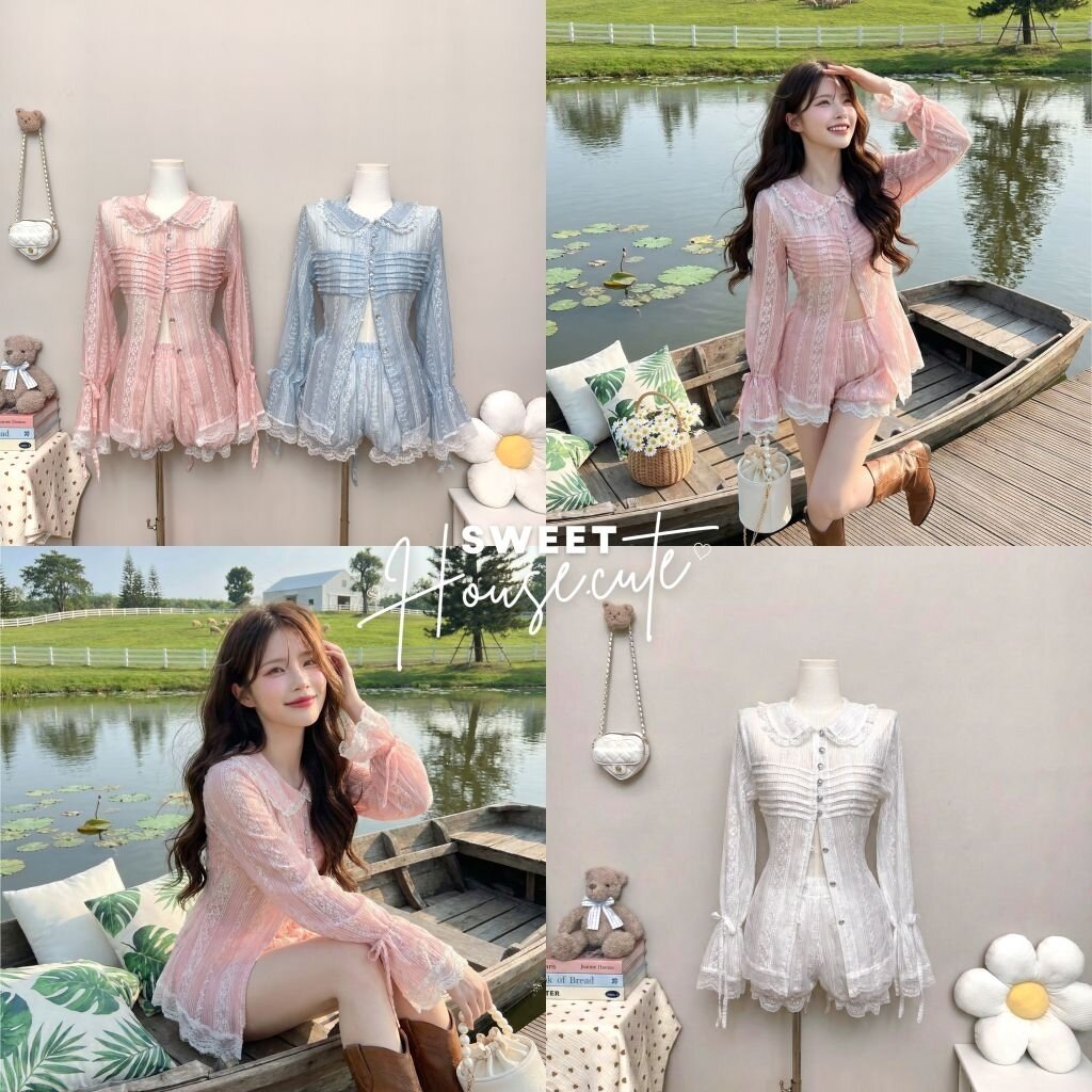 🧸 SweetHouse #701 🌻(ผ้าบาง) ชุดเซตเสื้อเชิ้ตคอบัวแขนยาว ผ้า Rossy แต่งระบายลูกไม้ฉ่ำๆ + กางเกงบอลลูนระบายลูกไม้เข้าเซ...