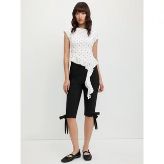 [Pomelo] เสื้อแขนล้ำดีเทลชายอสมมาตรแต่งระบายลายจุด / Asymmetric Hem Cap Sleeve Polka Dot Top – White
