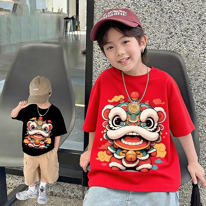 จัดส่งจากประเทศไทย เด็กเด็กชายคอกลมสีแดงปีใหม่เทศกาลการ์ตูนแฟชั่นเสื้อแขนสั้นสําหรับเด็กอเนกประสงค์