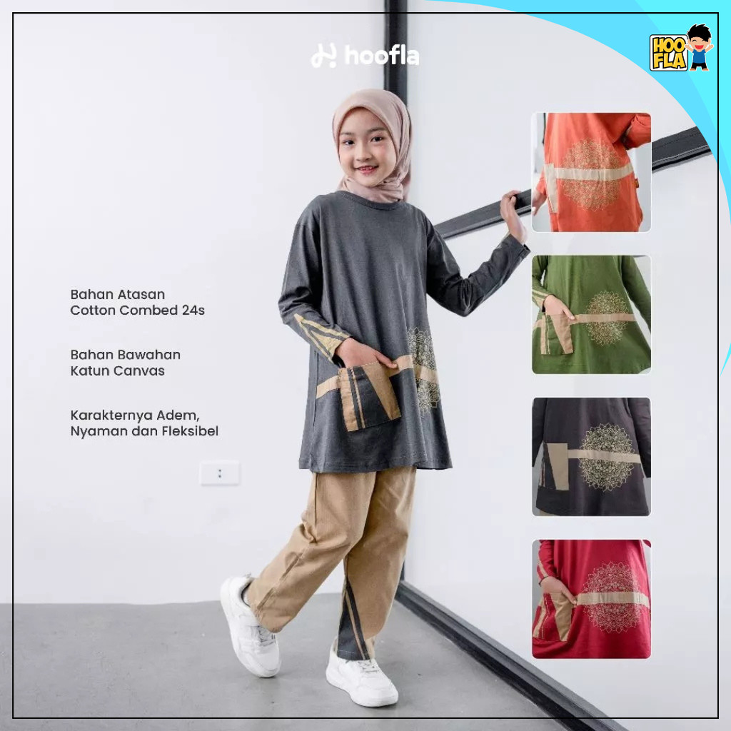 HOOFLAKIDS Muslimah เสื้อผ้าสําหรับเด็กผู้หญิงอายุ 5-12 ปีสบายๆชุดสูท Layla ชาติพันธุ์ที่เรียบง่าย