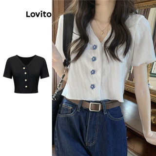 Lovito เสื้อยืดลําลองเสื้อยืดกระดุมสีพื้นสําหรับผู้หญิง LNA2…