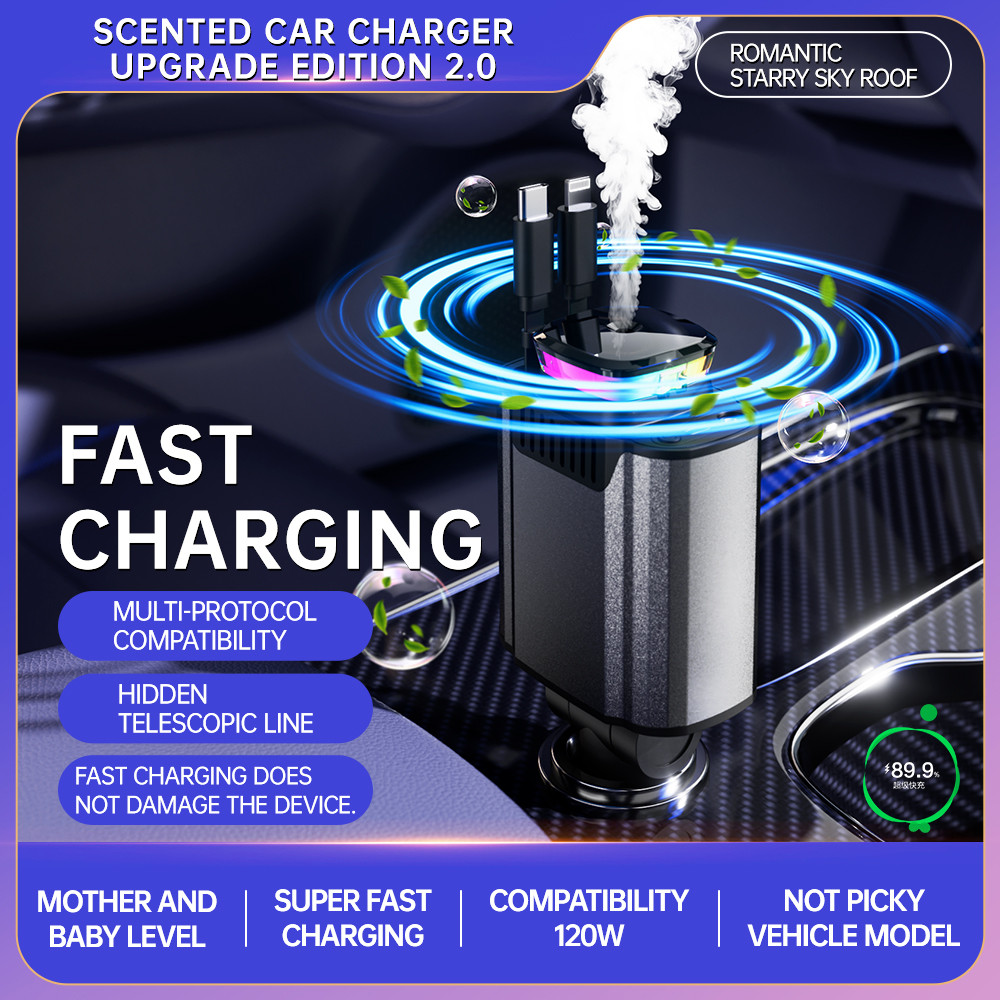 Aromatherapy & Starry Light Car Charger PD 120w Type C + Lightning Car Charger Plug สําหรับ iphone A