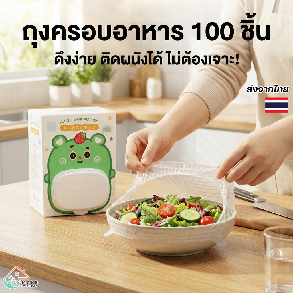 ถุงครอบอาหารแบบใช้แล้วทิ้ง 100 ชิ้น กล่องติดผนัง ดึงสะดวก ครอบจาน ชาม ถนอมอาหาร กันฝุ่นแมลง