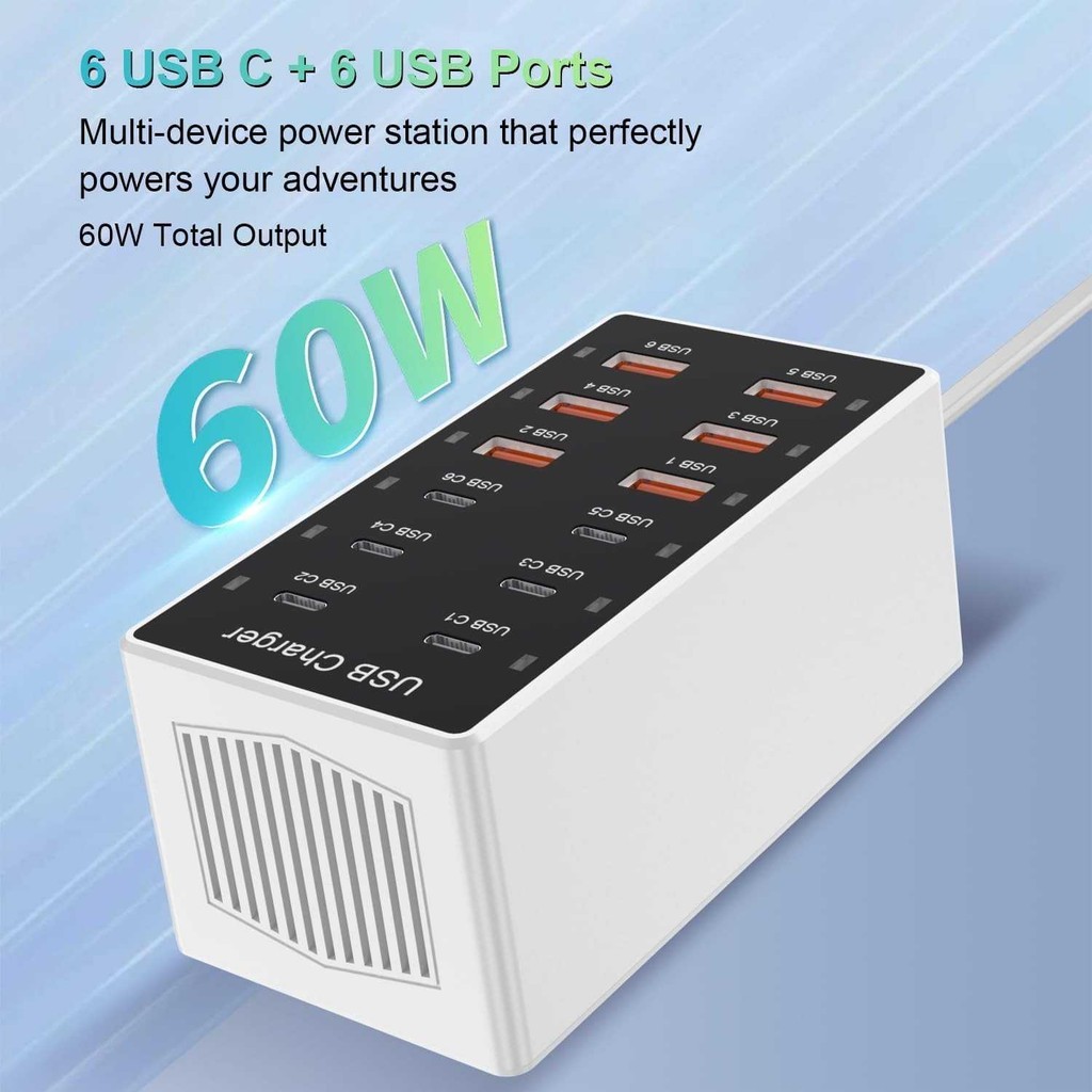 Afope USB Hub Charger 12 Multi Port Type C 5V/2.4A 60W EU Plug - YC-A6