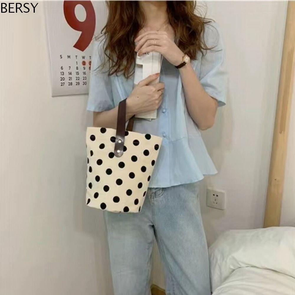 BERSY Polka Dot Canvas Bucket Bag สไตล์เกาหลี จุของได้มาก ใช้ได้ทุกวันและสำหรับการช้อปปิ้ง