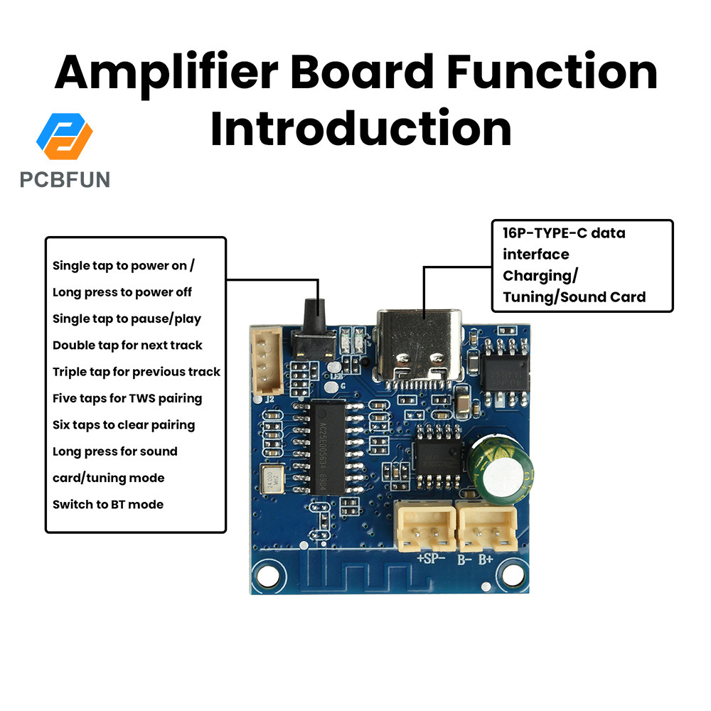 Pcbfun BT โมดูลเครื่องขยายเสียงบอร์ดปรับจูนแบบชาร์จไฟได้รองรับ TF card TWS จับคู่ Type-C DC 3.3V-4.2V 5W