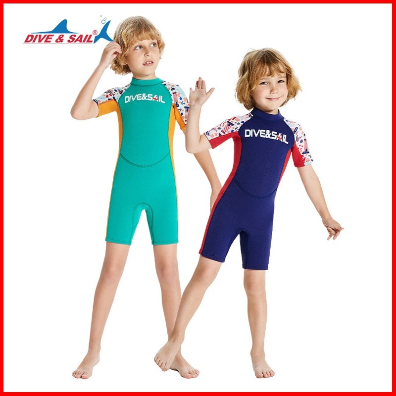 พร้อมสต็อก! ชุดดําน้ําเด็ก DIVE & SAIL ขนาด 2.5 มม., Neoprene สีครีม กันหนาวและสะดวกกับซิปลูกแก้ว
