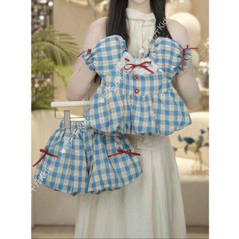 พร้อมส่งจากไทยค่ะ ชุดเซ็ตเด็กผู้หญิง แต่งลายสก๊อตสีน้ำเงิน เสื้อแขนตุ๊กตา+กางเกงมีซับใน GH877
