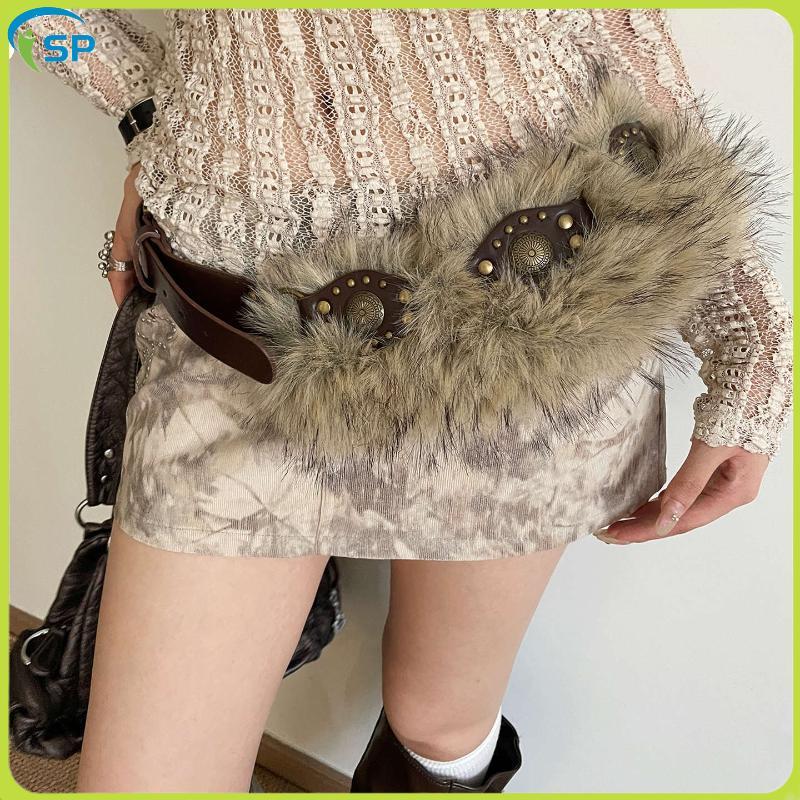 เข็มขัดแฟชันหนังPUนวบด้วยเม็ดหินและขนสัตว์ปลอม สไตล์เกาหลียุคY2K