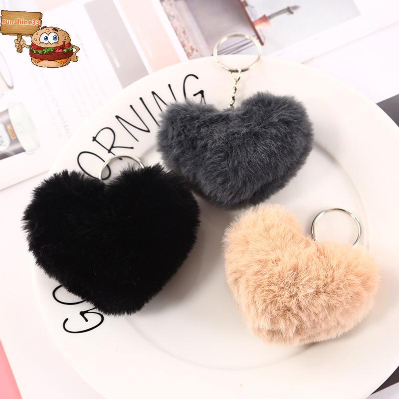 Sun 8 ซม.Fluffy pompom พวงกุญแจสําหรับผู้หญิงรูปหัวใจนุ่ม Pompon กระต่ายปลอม Key Chain Ball กระเป๋าร