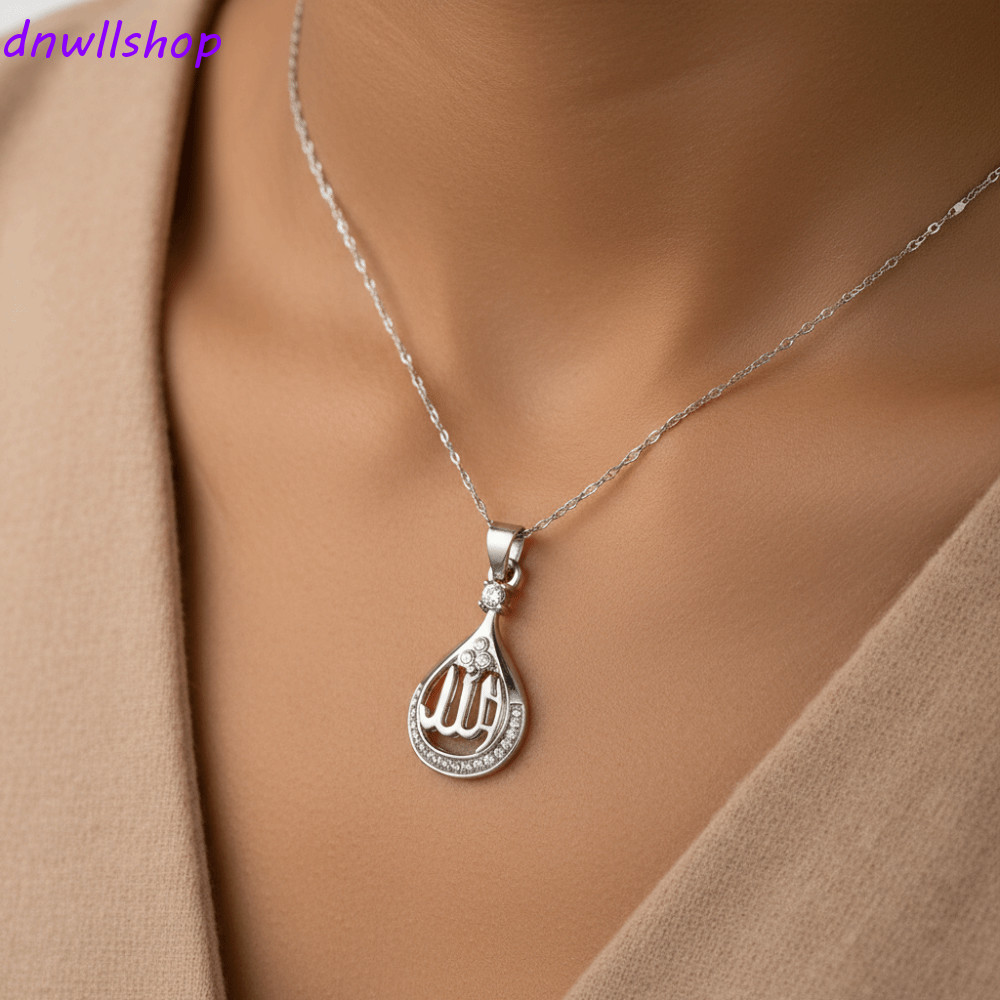 DNWLSHOP Allah จี้สร้อยคอ, จี้ทรงหยดน้ําคริสตัล สร้อยคออิสลาม, โซ่สแตนเลสทุกวันจี้กลมศรัทธา Quran สร