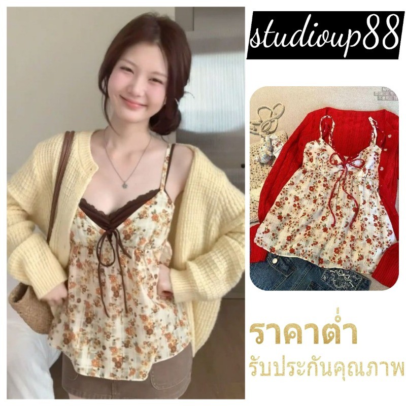 (ส่งจากไทย)เสื้อกล้าม ปลอม 2 ชิ้น แต่งลูกไม้ผูกโบว์ ลายดอกไม้ สไตล์วินเทจหวานๆ เหมาะที่จะใส่ได้ทุกวัน เสื้อผ้าสงกรานต์