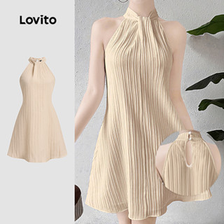Lovito ชุดเดรสสีกรมท่าผูกโบว์แบบเรียบซิปสำหรับฤดูใบไม้ผลิ/ฤด…