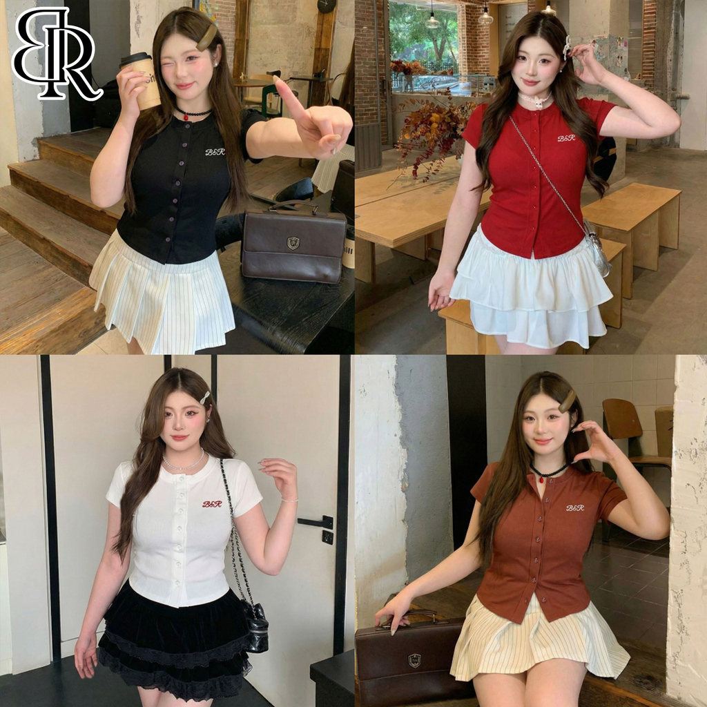 B&R พร้อมส่ง เสื้อยืดแขนสั้นทรงเข้ารูปสำหรับผู้หญิง เสื้อครอปเข้ารูปสำหรับสาวไซส์ใหญ่ ปุ่มกดคลายได้ ขนาด S-2XL