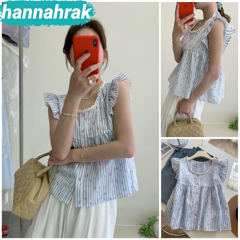 (ส่งจากกรุงเทพฯ)เสื้อเชิ้ตสีน้ำเงินลายทาง แขนตุ๊กตา ลายดอก หวานและน่ารัก แฟชั่นสไตล์เกาหลี แขนกุด​ ผู้หญิง