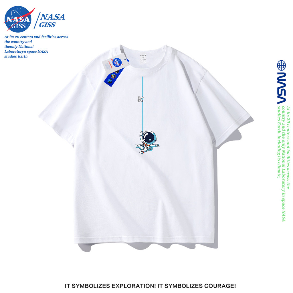 NASA เสื้อยืดชายหญิงแขนสั้น สไตล์ลำลอง summer นักบินอวกาศ พิมพ์ลาย คอตตอน คอกลม หลวมและระบายอากาศ