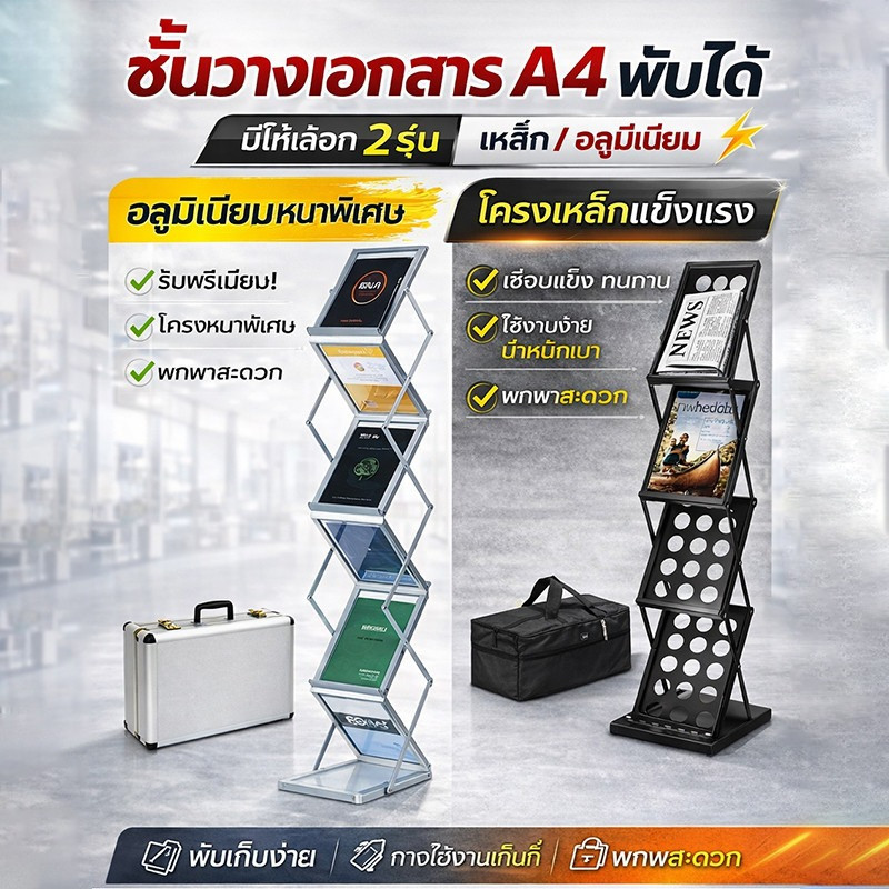 ชั้นวางแคตตาล๊อค ชั้นวางนิตยสารและโบรชัวร์A4 ยืนแสดงโฆษณา พับก็บง่ายราคารวมกล่องหิ้วสีเงิน Catalog Stand PH 25*155