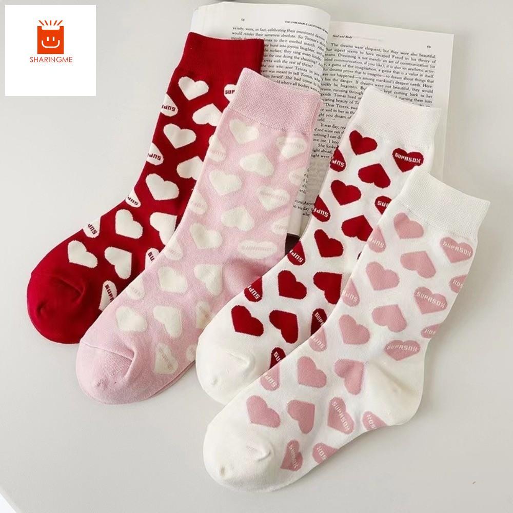 SHARINGME Love Mid-Tube Socks, วันวาเลนไทน์ Sweet Love Heart Socks, Casual Funny Warm Women Socks La