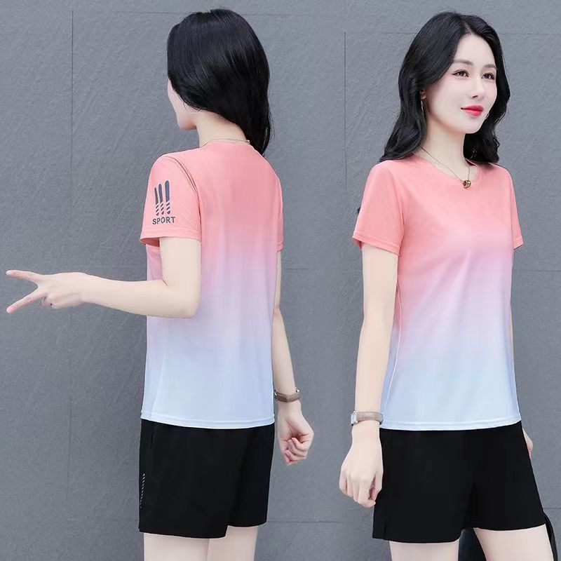 渐变速干3D印花T恤夏季休闲健身女时尚洋气运动衣薄款旅游单上衣20260305Gradient Quick-dry 3D Printed T-shirt for Summer Casual Fitne