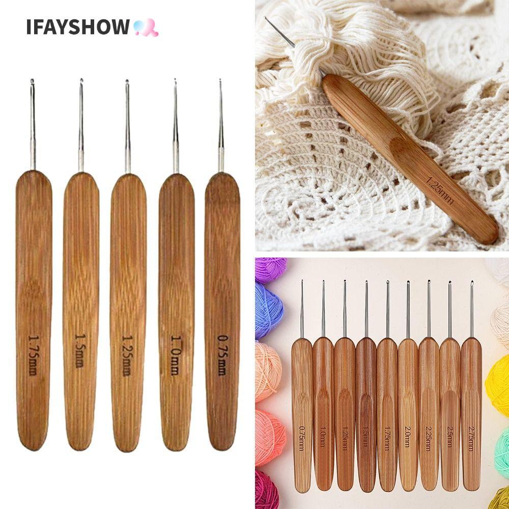 IFAYSHOW ถักโครเชต์, ตะขอโครเชต์ไม้ไม้ไผ่ยาว, ขนาดเล็กโครเชต์ตะขอพรม