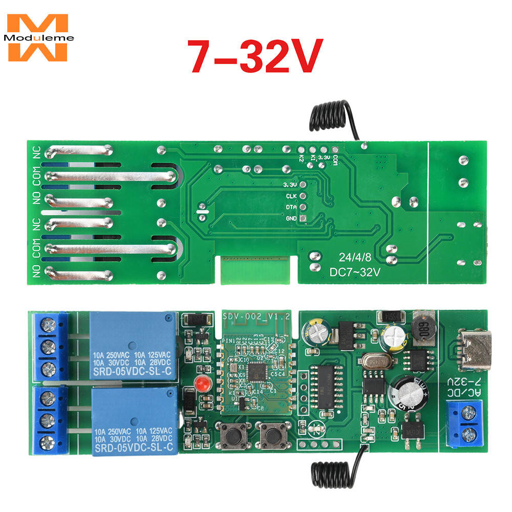 AC/DC 7-32V/Type-C 5V 2-CH BT WIFI รีเลย์สวิทช์โมดูล RF รุ่น Jog ล็อคโมดูลรองรับ 433 Mhz RF รีโมทคอน