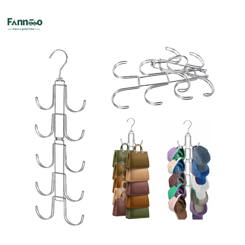 FannGo ที่จัดระเบียบหมวกแบบพับได้สําหรับตู้เสื้อผ้า (1 ชิ้น) | ตะขอขนาดใหญ่หมุนได้ 10 ชิ้น, ใส่หมวกเบสบอลได้ถึง 40, ชั้นวางหมวกประหยัดพื้นที่โลหะสีเงินสําหรับแสดงและการจัดเก็บ