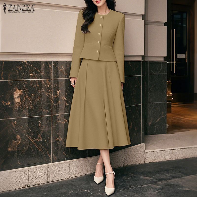ZANZEA ผู้หญิงเกาหลี Elegant Office OL คอกลมแขนยาวกลับเอวยางยืด A-Line ชุดสองชิ้น — صورة 5