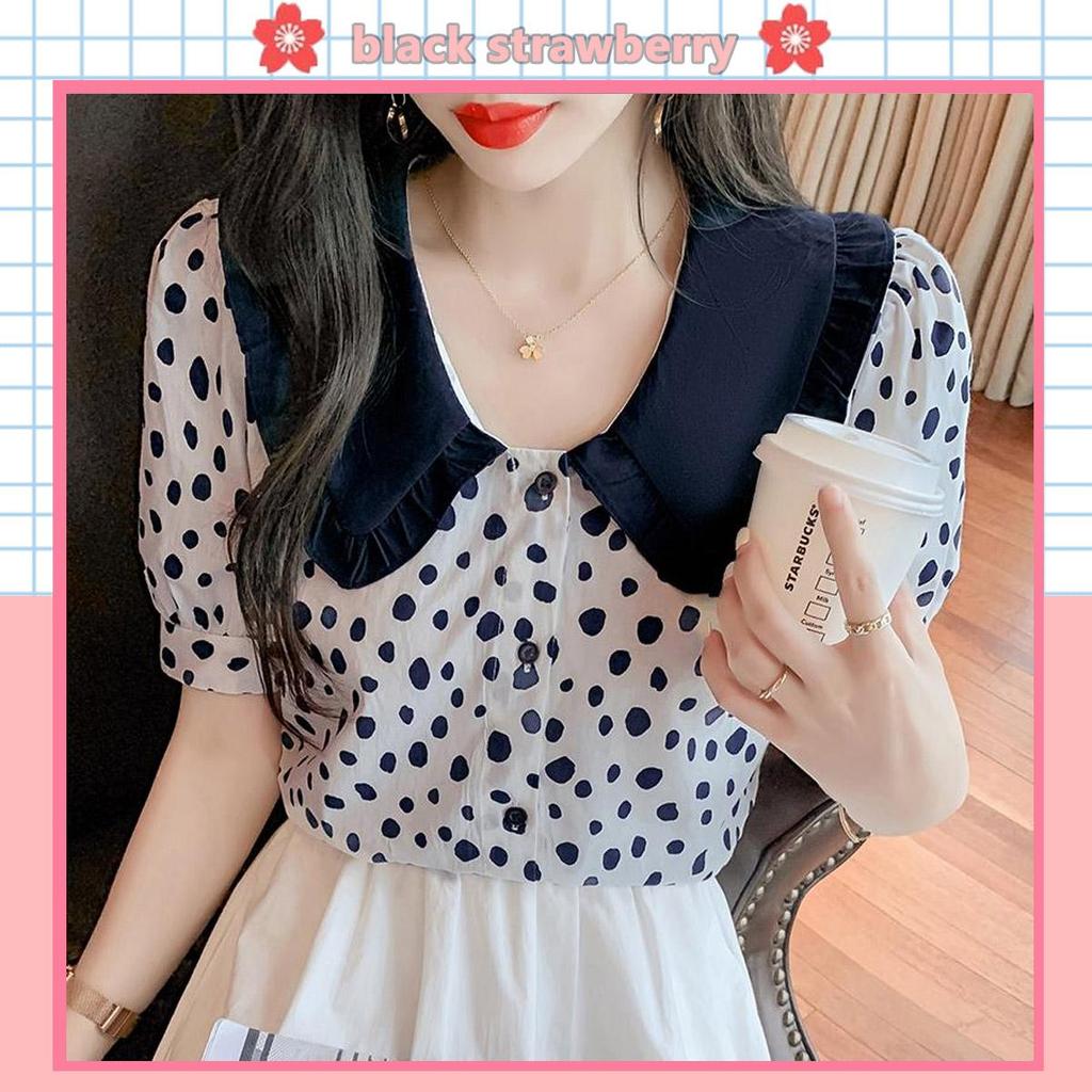 Black#เสื้อเชิ้ตลายจุดแขนสั้น คอระบาย แนวเกาหลี ไซส์ M-2XL ผ้าบาง ระบายอากาศดี เทศกาลสาดน้ำ “w366”